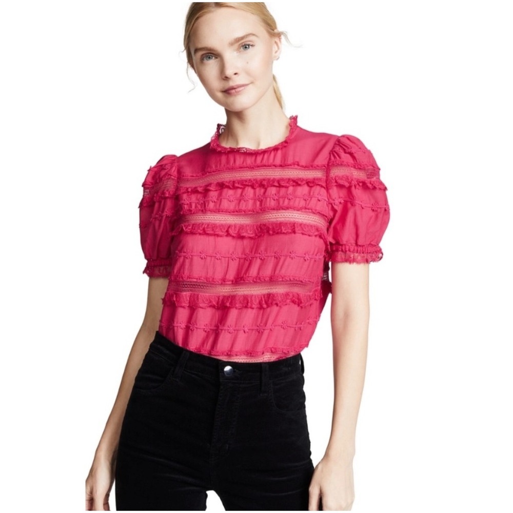 Ulla Johnson Desi Pink Lace Top Size 8 Sheer Panels Ruffle Romantic Cotton Blend